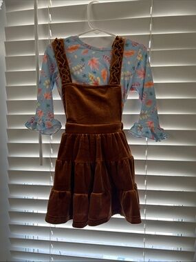 Brown Velvet Pinafore Dress with Light Blue Floral Top for Girls